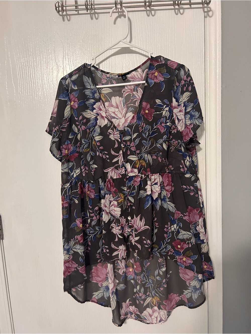 Floral V-Neck Sheer Blouse - Black with Pink & Blue Floral